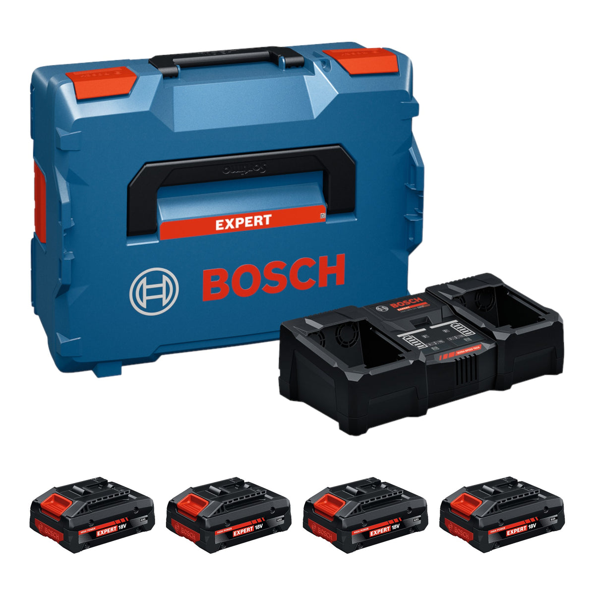 Bosch EXPERT 4x EXBA18V-40 + EXAL18V2-320 Starter Set 18 V + 4x batteria 4,0 Ah + caricabatteria 16 A + L-Boxx