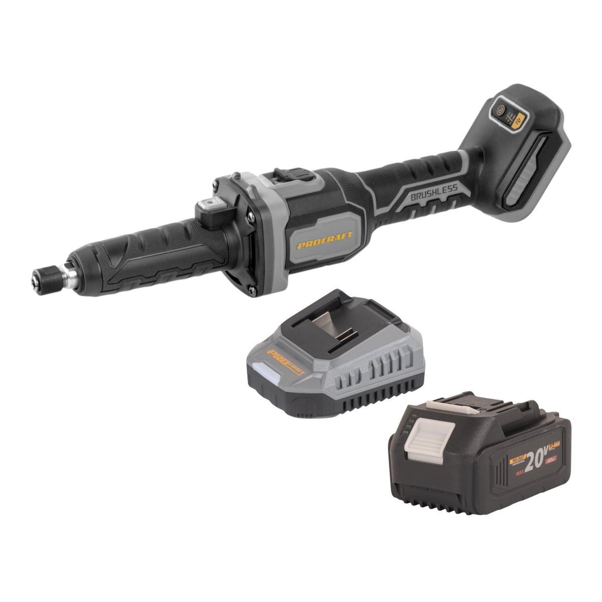 Smerigliatrice diritta a batteria Procraft Industrial DG20A-BB 20 V 6 mm Brushless + 1x batteria 4,0 Ah + caricabatteria