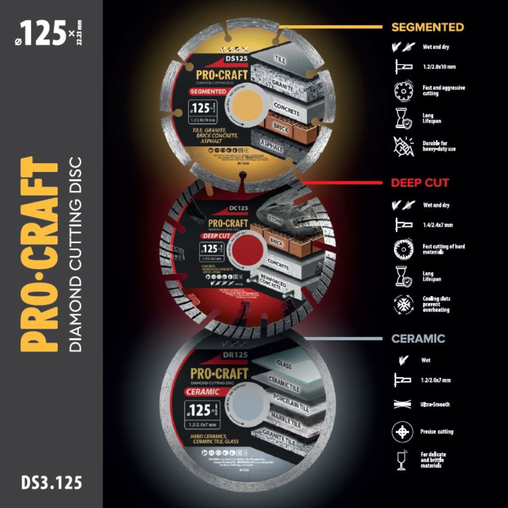 Procraft DS3 125 Diamanttrennscheiben set 3 tlg 125 x 22 23 mm 1 - toolbrothers