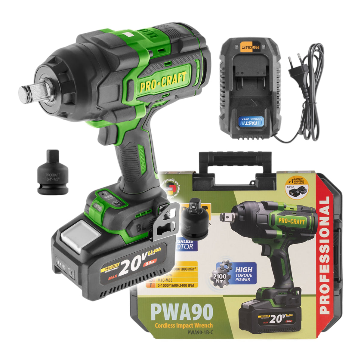 Avvitatore a impatto a batteria Procraft PWA90 20 V 2100 Nm 3/4" Brushless + 1x batteria 4,0 Ah + caricabatteria + valigetta