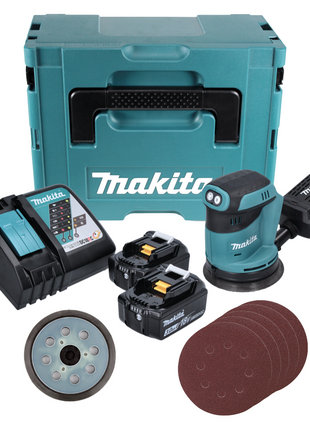 Makita DBO 180 RFJ Akku Exzenterschleifer 18 V 125 mm + Schleifteller + 50x Schleifpapier K80 + 2x Akku 3,0 Ah + Ladegerät + Makpac - Toolbrothers