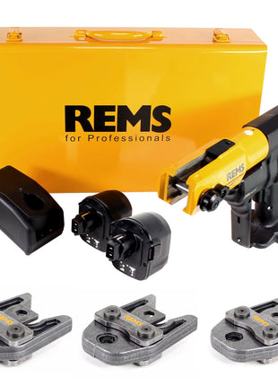 REMS Akku Press ACC 14,4 V Akku Radialpresse mit Zwangsablauf im Stahlblechkasten + 2 x 3,0 Ah Akku + Ladegerät + 3 x Pressbacken M15 M18 M22 - Toolbrothers