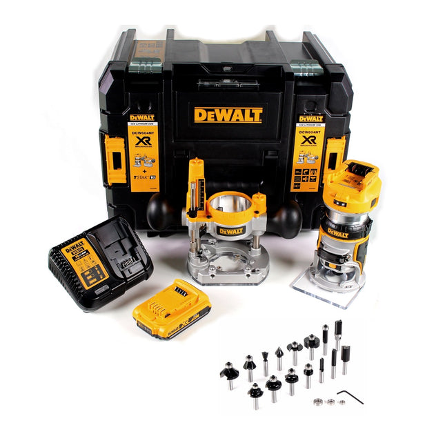 DeWalt DCW 604 D1 Akku Kombifräse 18V 55mm + 1x Akku 2,0 Ah + 1x Schnellladegerät + Bosch 18 teiliges Fräser Set in TSTAK - Toolbrothers