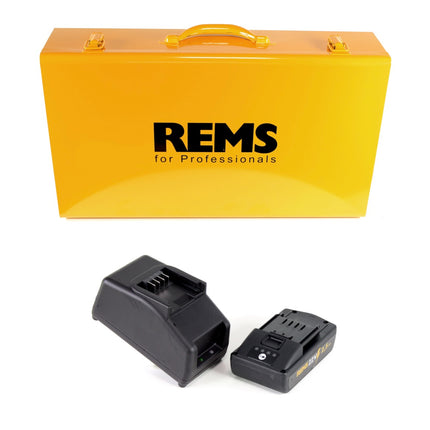 REMS Akku-Press 22V ACC + 1x Akku 2,5Ah + Schnellladegerät + Pressbacken Presszangen Standard V15,18,22, 28 im Stahlblechkasten - Toolbrothers