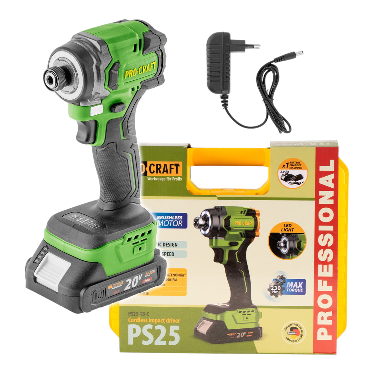 Avvitatore a impatto a batteria Procraft PS25-1B-C 20 V 230 Nm 1/4" Brushless + 1x batteria 2,0 Ah + caricabatterie + valigetta