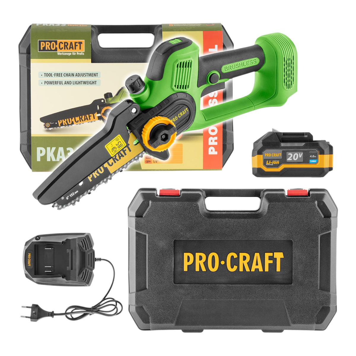 Procraft PKA35 Sega a catena a batteria per potatura 20 V 152 mm Brushless + 1x batteria 4,0 Ah + caricabatterie + valigetta
