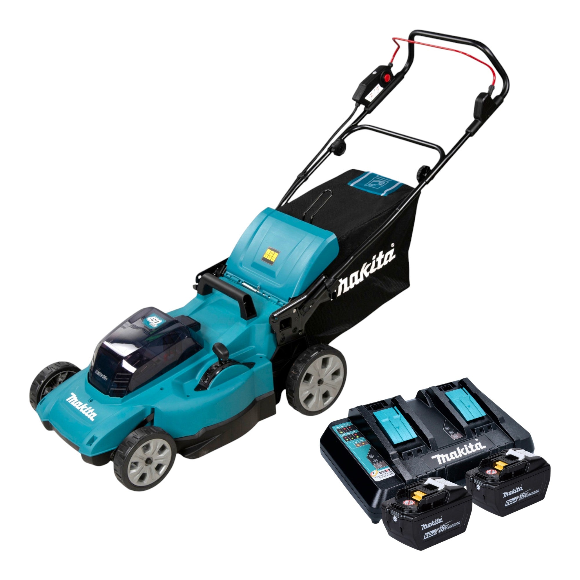 Makita DLM 480 Z Akku Rasenmaeher 36 V 2x 18 V 48 cm 62 l 2x Akku 9 0 Ah Ladegeraet 0 - toolbrothers