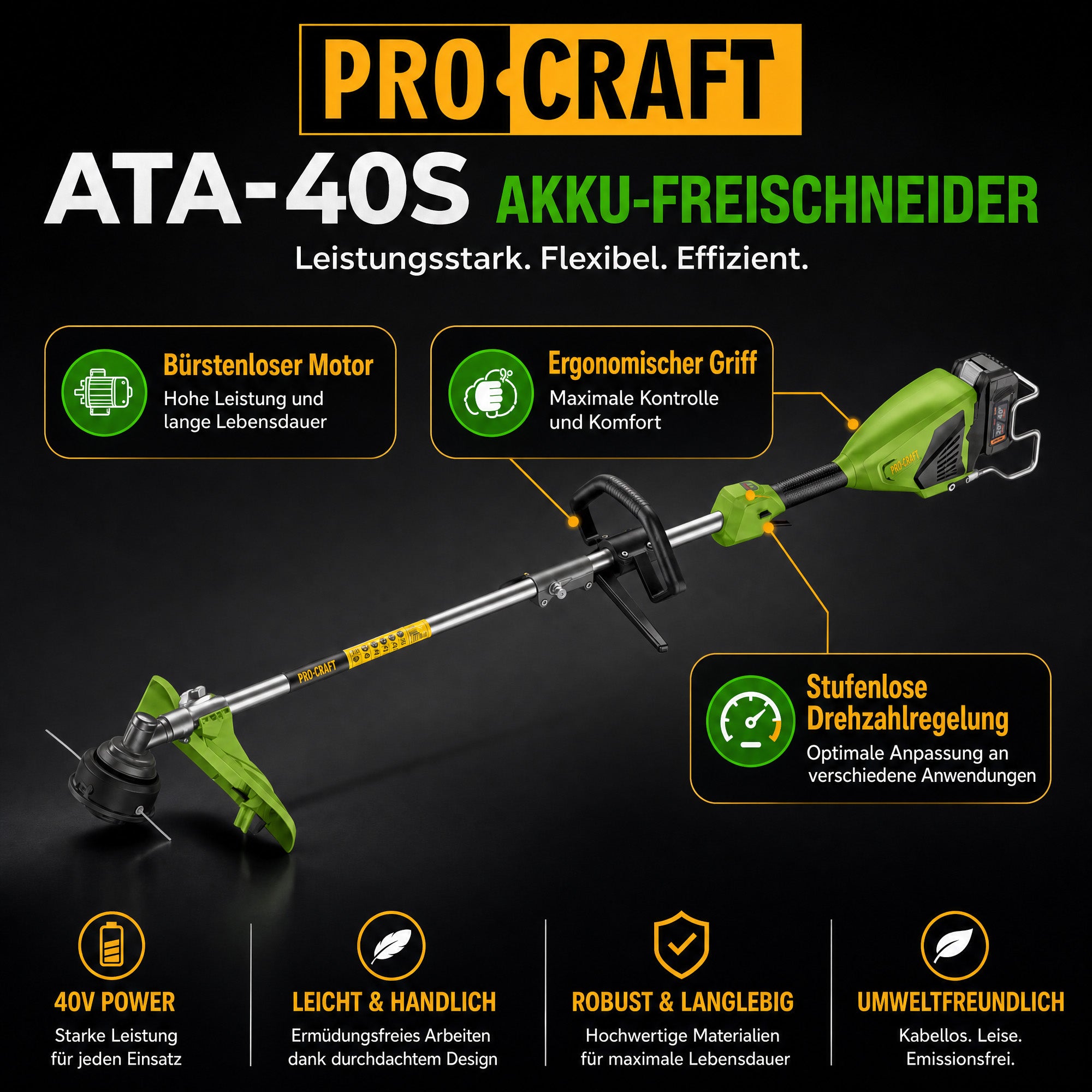 Procraft ATA 40S Akku Freischneider 40 V 420 mm Brushless 1x Akku 4 0 Ah Ladegeraet 1 - toolbrothers