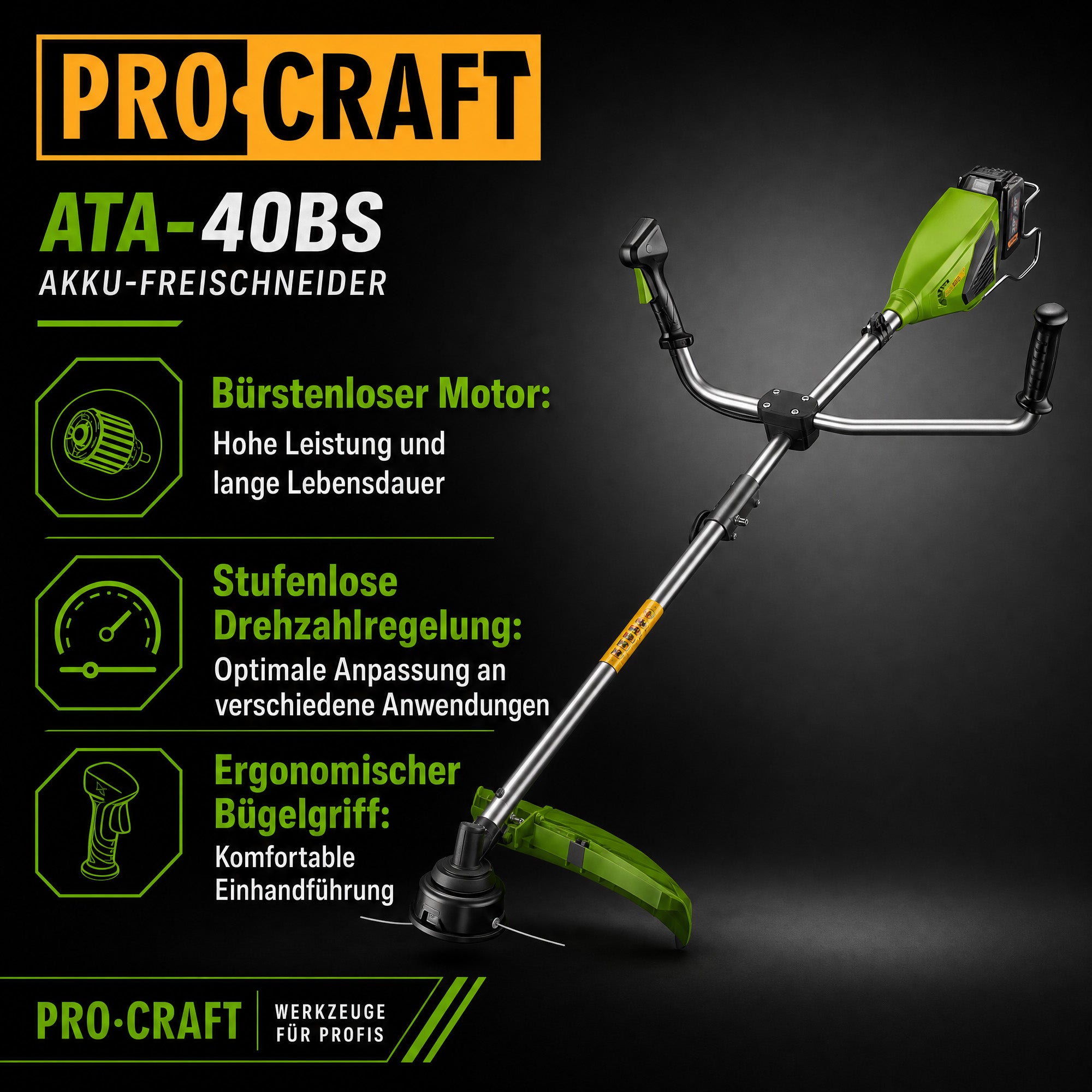 Procraft ATA 40BS Akku Freischneider 40 V 420 mm Brushless 1x Akku 4 0 Ah Ladegeraet 1 - toolbrothers