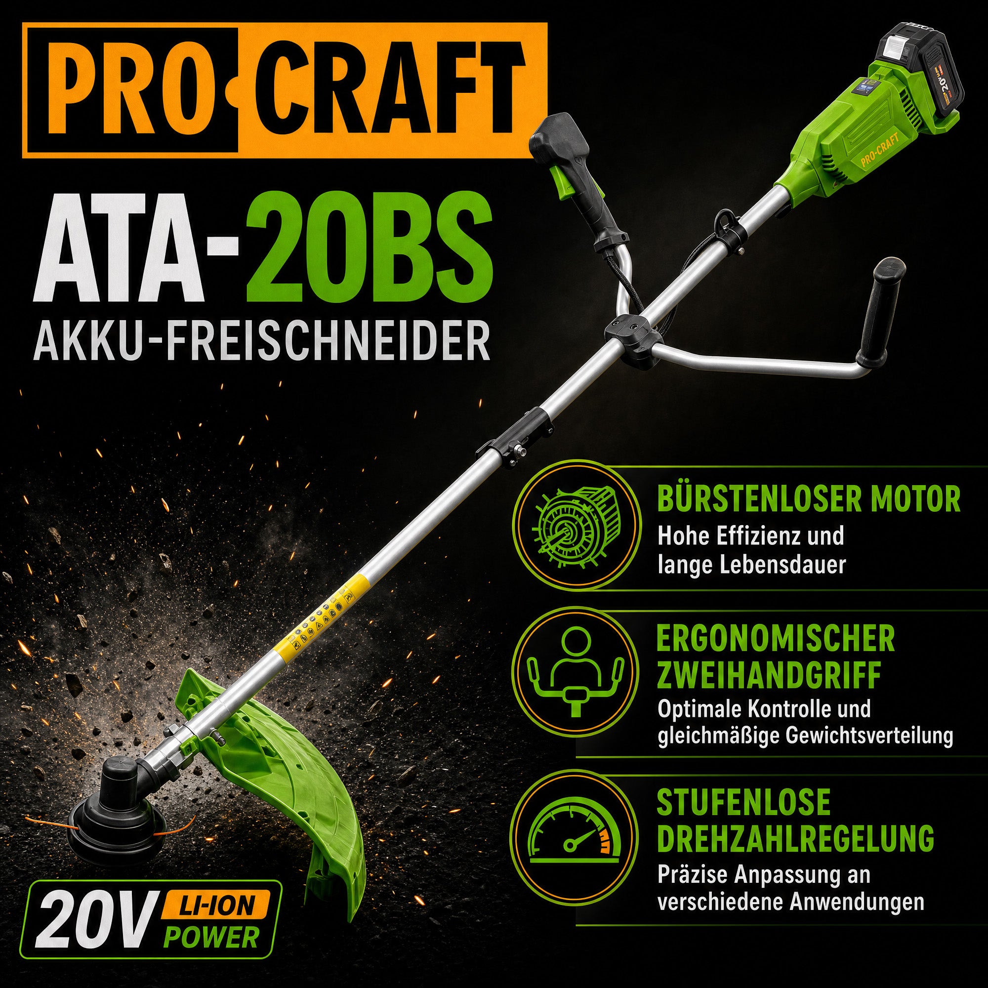 Procraft ATA 20BS Akku Freischneider 20 V 420 mm Brushless 1x Akku 4 0 Ah Ladegeraet 1 - toolbrothers