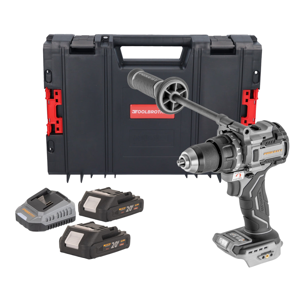 Avvitatore a percussione a batteria ProCraft Industrial CD20C-BB 20 V 120 Nm brushless + 2 batterie da 2,0 Ah + caricabatterie + valigetta RHINO