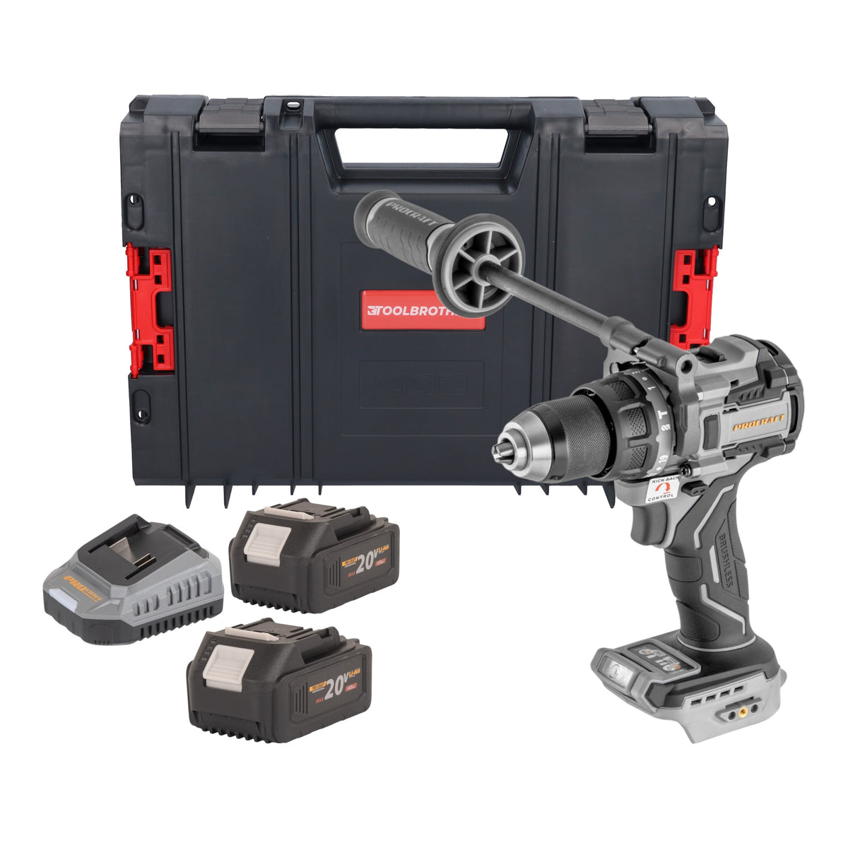 Avvitatore a percussione a batteria ProCraft Industrial CD20C-BB 20 V 120 Nm brushless + 2 batterie da 4,0 Ah + caricabatterie + valigetta RHINO