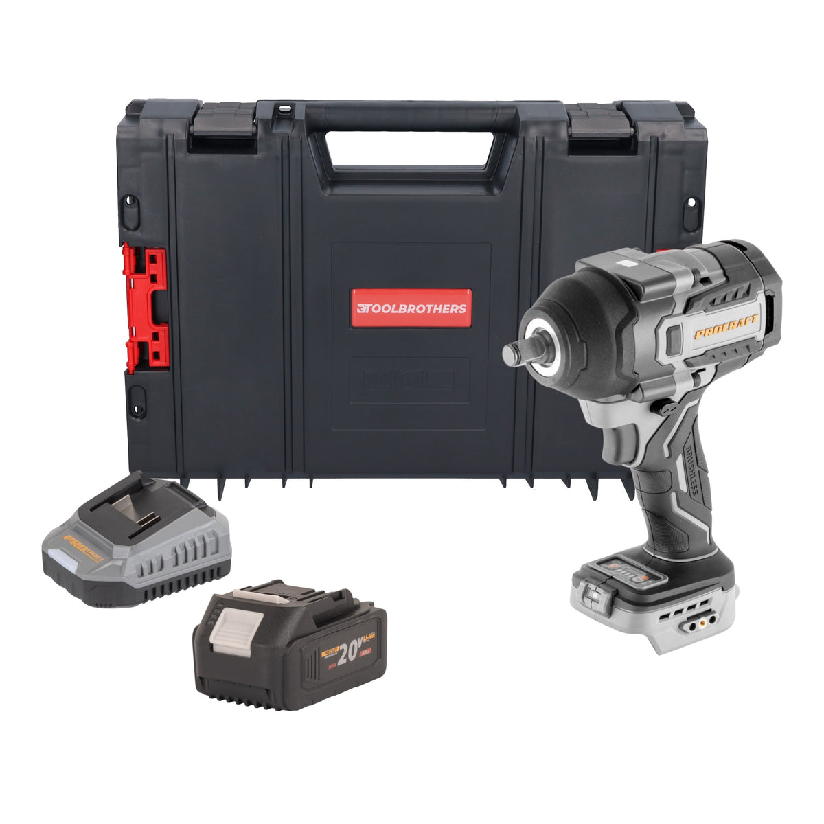 Avvitatore a impatto a batteria ProCraft Industrial IW850A-BB 20 V 850 Nm 1/2" brushless + 1 batteria da 4,0 Ah + caricabatterie + valigetta RHINO