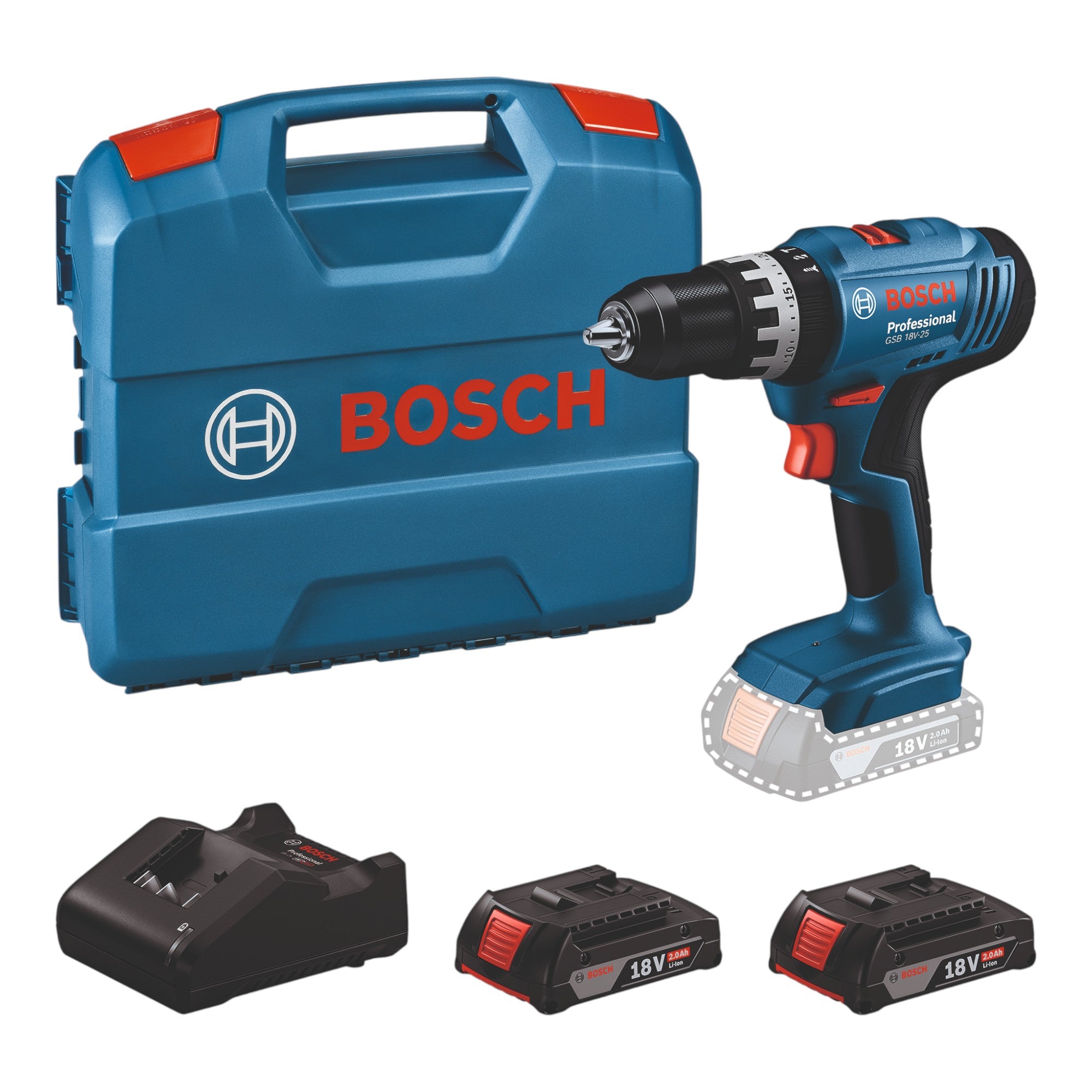 Bosch GSB 18V 25 Professional Akku Schlagbohrschrauber 18 V 56 Nm 06019K9303 2x Akku 2 0 Ah Ladegeraet L Case 0 - toolbrothers