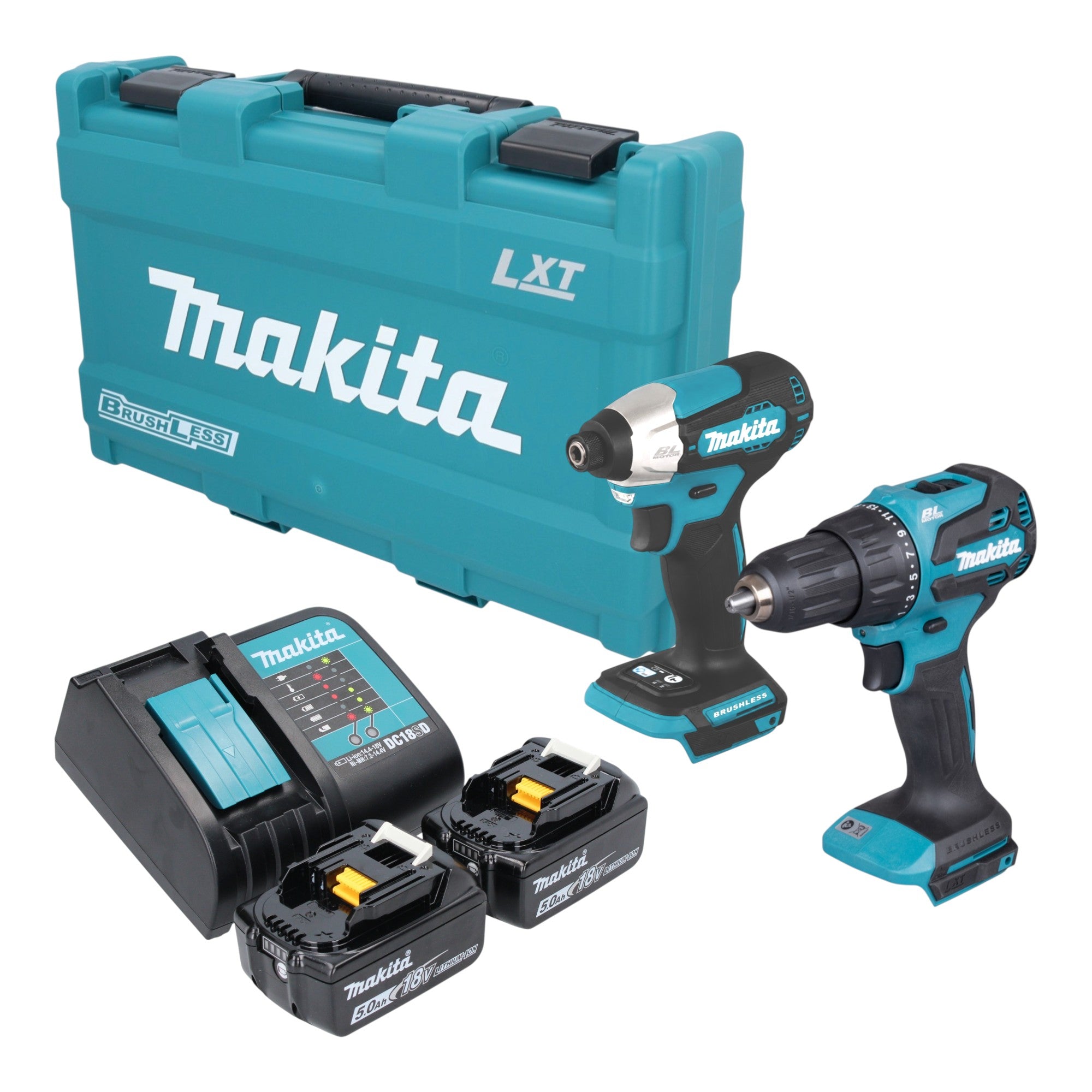 Makita DLX 2539 ST Akku Kombo Kit mit DHP 490 Schlagbohrschrauber 65 Nm DTD 157 Schlagschrauber 140 Nm 1 4 2x Akku 5 0 Ah Ladegeraet Koffer 0 - toolbrothers