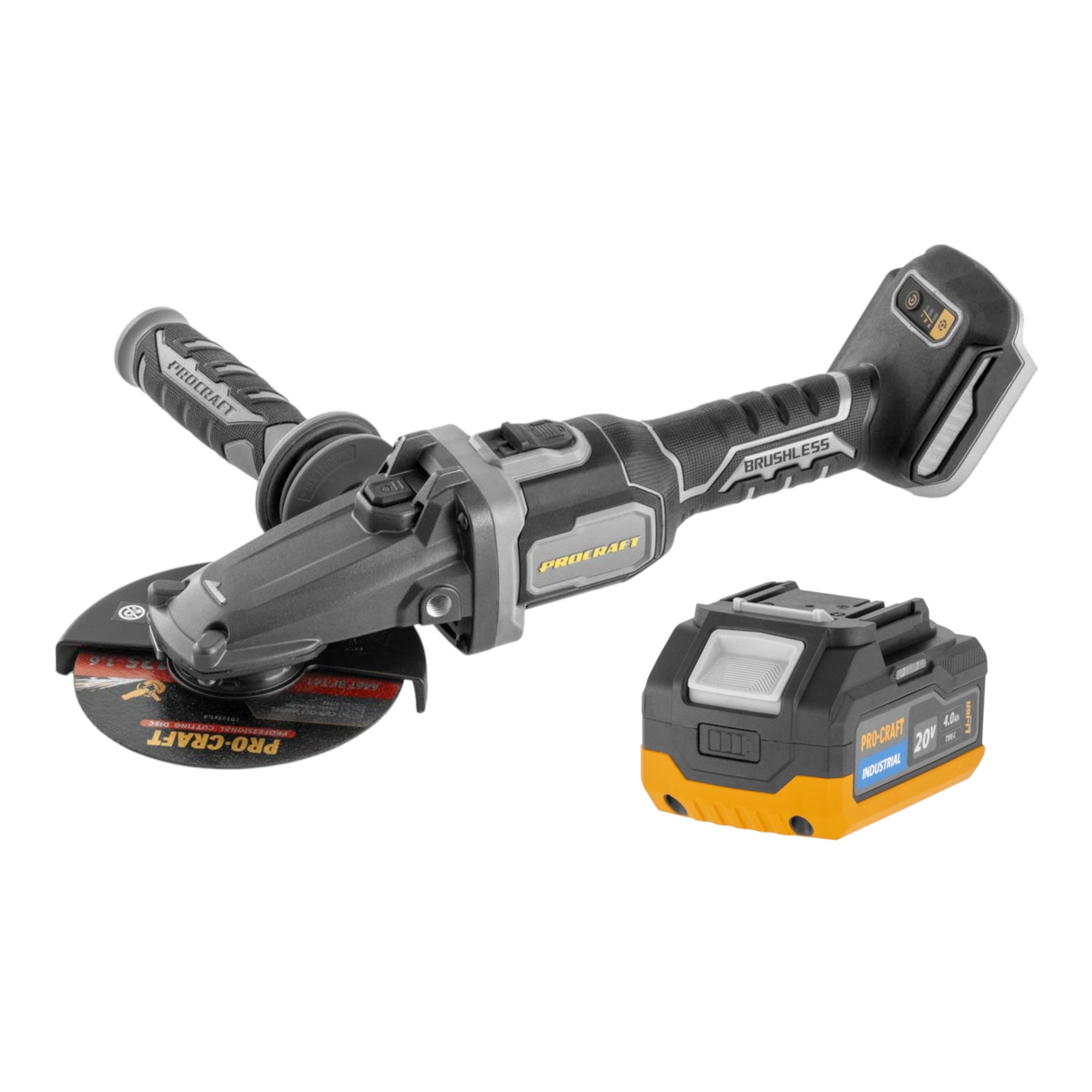Procraft Industrial AG125Cbb Akku Flachkopf Winkelschleifer 20 V 125 mm Brushless 1x Akku 4 0 Ah ohne Ladegeraet 0 - toolbrothers