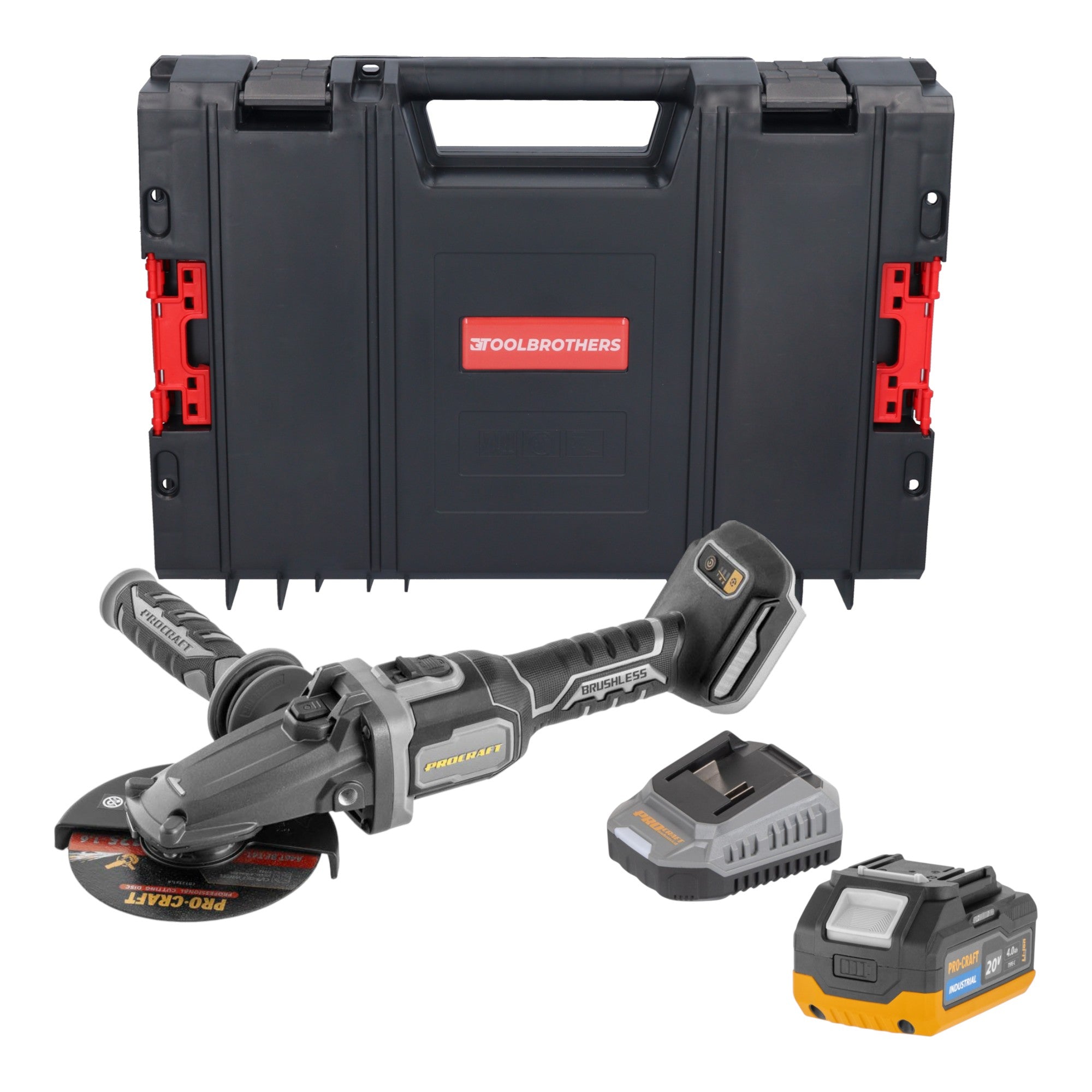 Procraft Industrial AG125Cbb Akku Flachkopf Winkelschleifer 20 V 125 mm Brushless 1x Akku 4 0 Ah Ladegeraet RHINO Toolcase 0 - toolbrothers