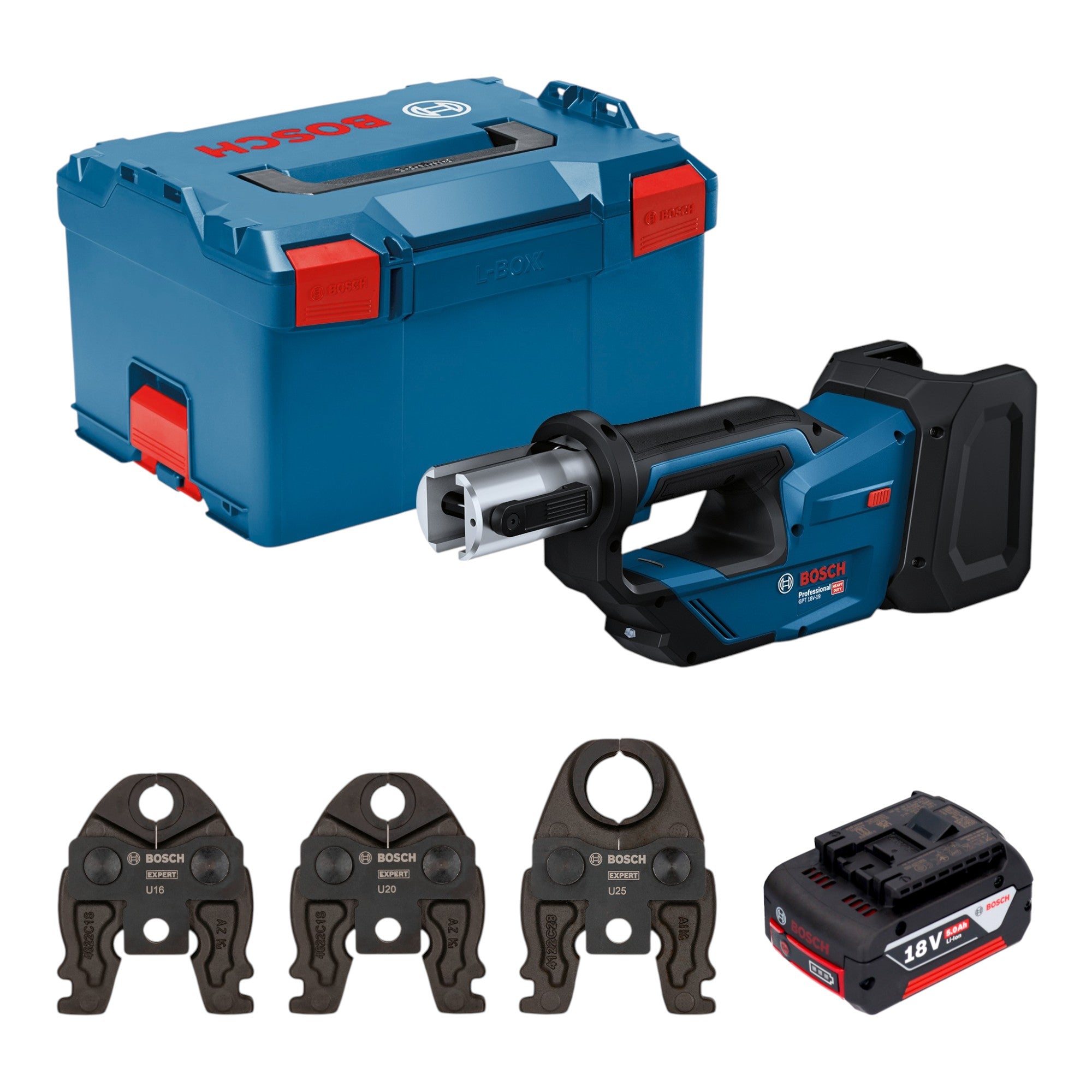 Bosch GPT 18V 19 Professional Akku Presswerkzeug 18 V 21 kN 1x Akku 5 0 Ah 3x Pressbacke L Boxx ohne Ladegeraet 0 - toolbrothers