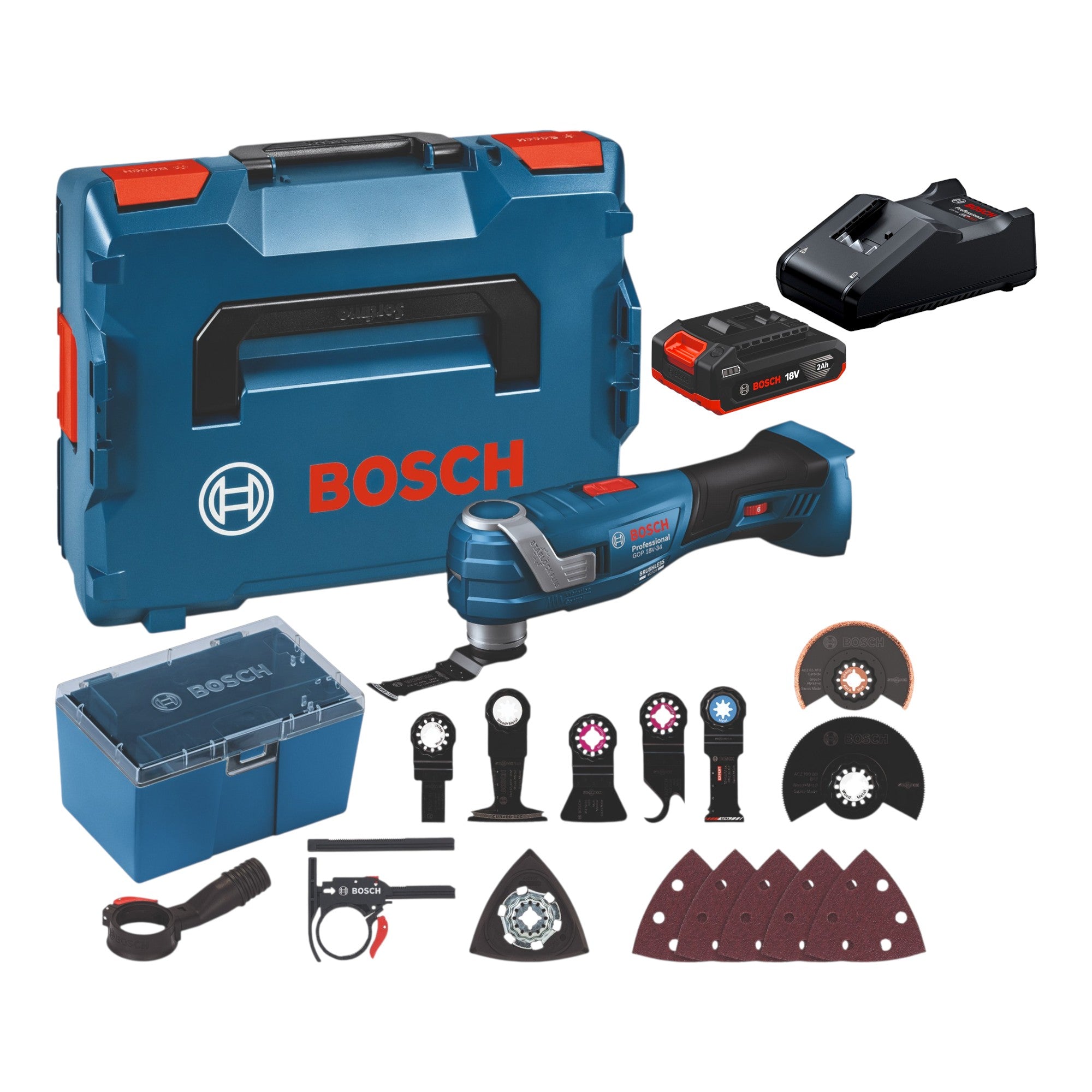 Bosch GOP 18V 34 Professional Akku Multi Cutter 18 V Starlock Plus 1x Akku 2 0 Ah Ladegeraet 17 tlg Zubehoer L Boxx 0 - toolbrothers