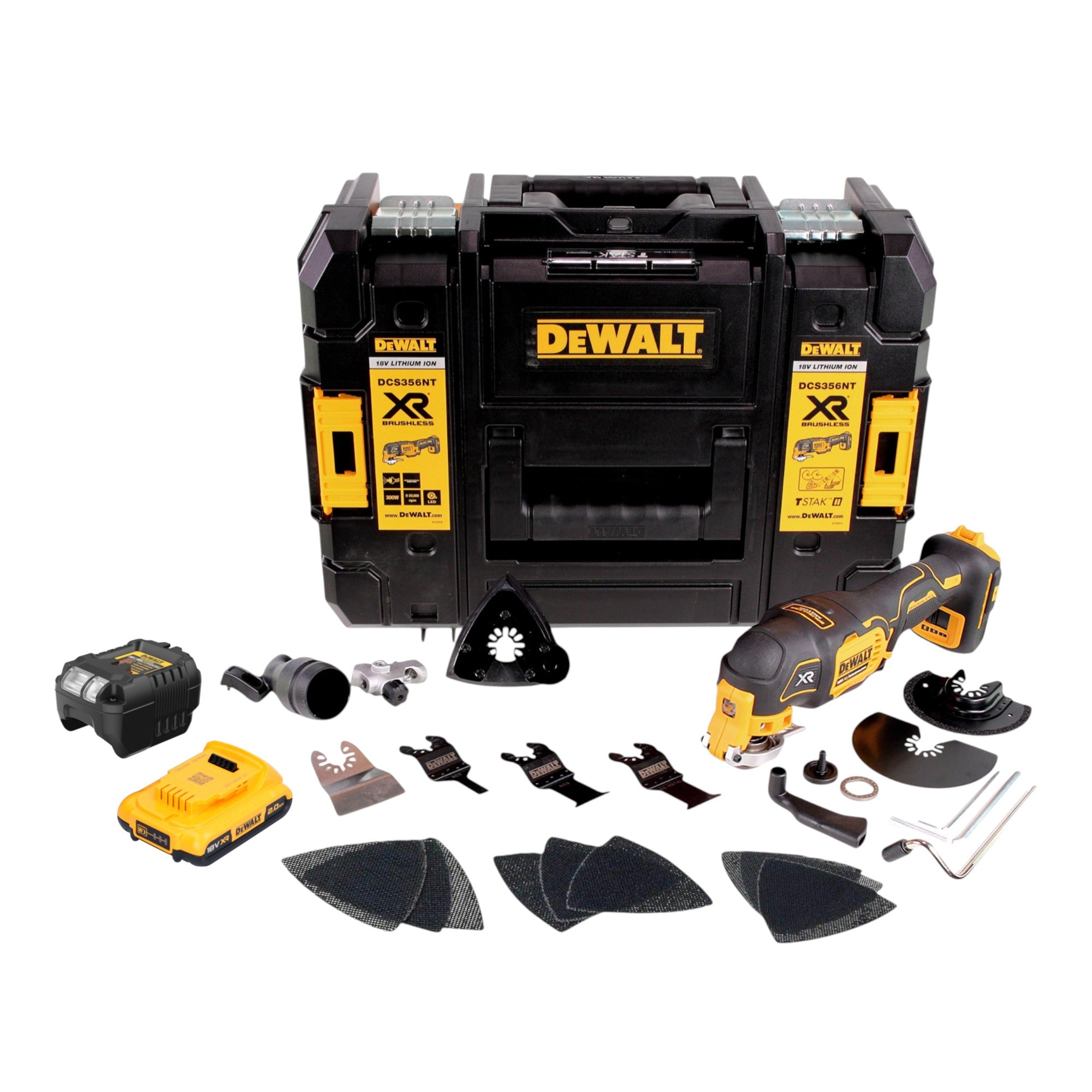 DeWalt DCS 356 D1T Akku Multitool 18 V Brushless 1x Akku 2 0 Ah Ladegeraet 20 tlg Zubehoer TSTAK 0 - toolbrothers