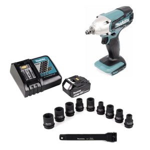 Makita DTW 190 RT1 Avvitatore ad impulsi a batteria 18V 1/2" + 1x Batteria BL 1850 5,0 Ah + Caricabatterie rapido + Set di 9 chiavi a bussola + Prolunga da 150mm