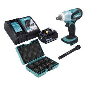Makita DTW 251 RT1 Akku Schlagschrauber 18 V 230 Nm 1/2" + 1x Akku 5,0 Ah + Ladegerät + 9 tlg. Stecknuss Set + Verlängerung 150 mm