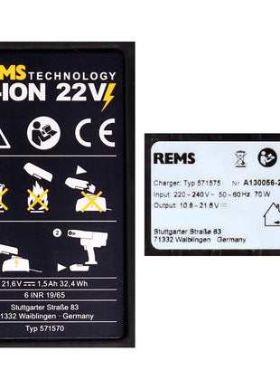 REMS Akku Set Power Pack 21,6V (22V max) mit 1x Akku 1,5Ah ( 571570 R22 ) + Ladegerät 90W ( 571585 ) - Toolbrothers