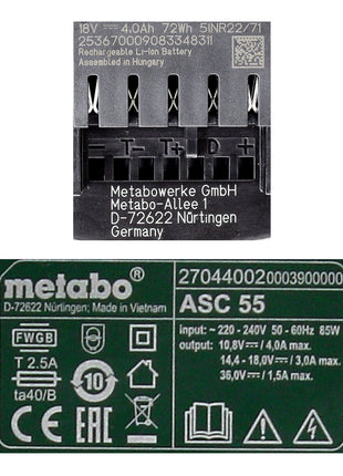 Metabo Akku Basis Set 18V mit 1x Akku LiHD 4,0Ah ( 625367000 ) + Ladegerät ASC 55 ( 627044000 ) Folgemodell vom ASC 30-36 - Toolbrothers