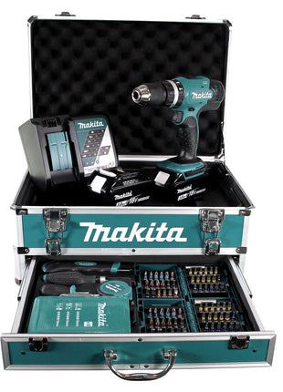 Makita DHP 453 RFX2 Akku Schlagbohrschrauber 18 V 42Nm + 2x Akku 3,0Ah + Ladegerät + 96tlg. Bit Bohrer Set + Koffer - Toolbrothers