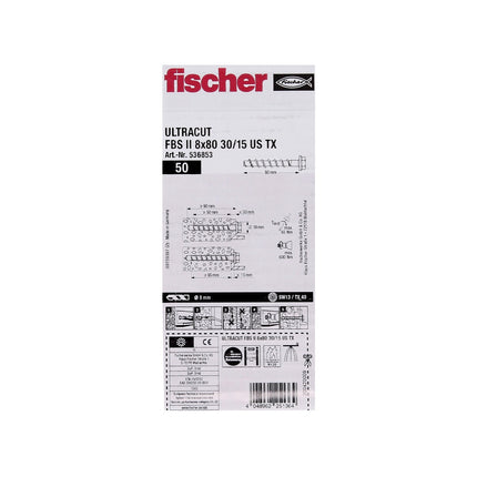 Fischer ULTRACUT FBS II Betonschraube 8x80mm 30/15 50 Stk. Sechskantkopf SW13 U-Scheibe TX40 galvanisch verzinkt ( 536853 )