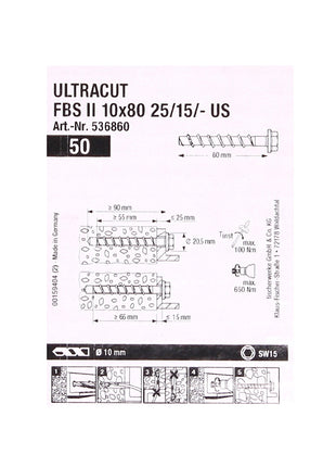 Fischer ULTRACUT FBS II Betonschrauben 10x80mm 25/15/- 50 Stk. Sechskantkopf SW15 ( 536860 )