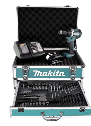 Llave de impacto inalámbrica Makita DDF 484 SFX4 18 V 54 Nm sin escobillas + 1x batería 3,0 Ah + cargador + 70 piezas. Juego de brocas + estuche