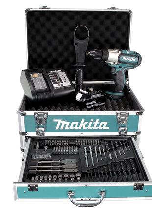 Makita DDF 451 SFX4 Perceuse-visseuse sans fil 18V 80Nm + 1x batterie 3,0Ah + chargeur + 70tlg. Jeu de forets à embouts + Coffret