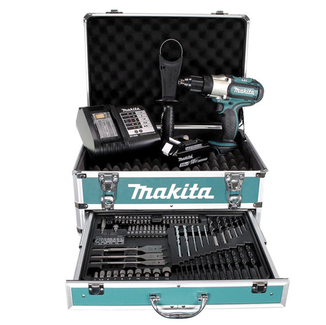 Taladro atornillador inalámbrico Makita DDF 451 SFX4 18 V 80 Nm + 1x batería 3,0 Ah + cargador + 70 piezas. Juego de brocas + estuche