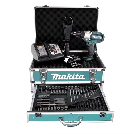 Makita DDF 451 SMX4 Perceuse-visseuse sans fil 18V 80Nm + 1x batterie 4,0Ah + chargeur + 70tlg. Jeu de forets à embouts + Coffret