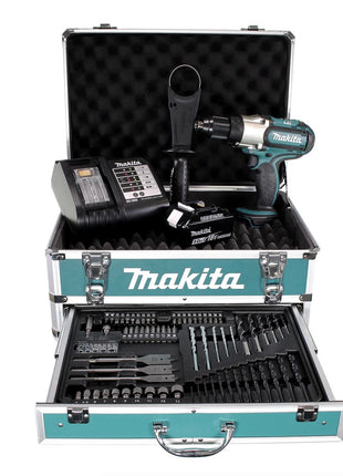 Makita DDF 451 STX4 Akku Bohrschrauber 18V 80Nm + 1x Akku 5,0Ah + Ladegerät + 70tlg. Bit Bohrer Set + Koffer