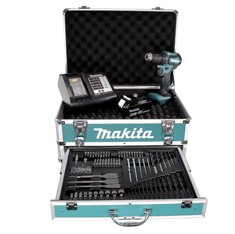 Taladro atornillador inalámbrico Makita DDF 483 SFX4 18 V 40 Nm sin escobillas + 1x batería 3,0 Ah + cargador + 70 piezas. Juego de brocas + estuche