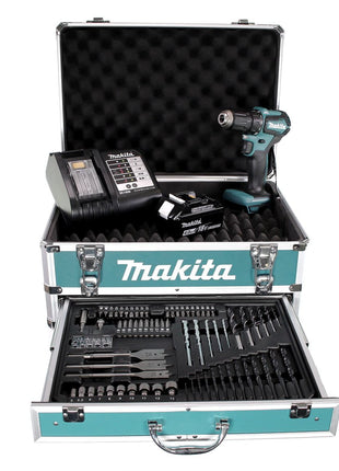 Taladro atornillador inalámbrico Makita DDF 483 SMX4 18 V 40 Nm sin escobillas + 1x batería 4,0 Ah + cargador + 70 piezas. Juego de brocas + estuche