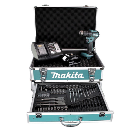 Makita DDF 483 SMX4 Akku Bohrschrauber 18V 40Nm Brushless + 1x Akku 4,0Ah + Ladegerät + 70tlg. Bit Bohrer Set + Koffer