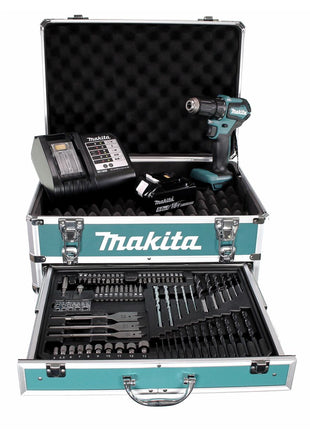 Makita DDF 483 STX4 perceuse-visseuse sans fil 18 V 40 Nm sans balais + 1x batterie 5,0 Ah + chargeur + 70 pièces. Coffret forets + coffret