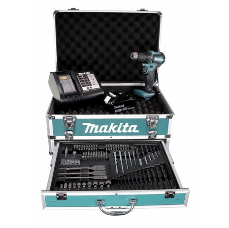 Taladro atornillador inalámbrico Makita DDF 483 STX4 18 V 40 Nm sin escobillas + 1x batería 5,0 Ah + cargador + 70 piezas. Juego de brocas + estuche