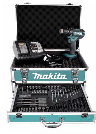 Taladro atornillador inalámbrico Makita DDF 482 SMX4 18 V 62 Nm + 1x batería 4,0 Ah + cargador + 70 piezas. Juego de brocas + estuche