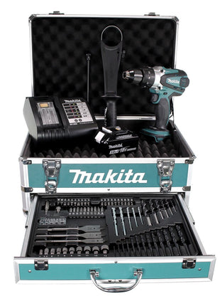 Makita DHP 458 SFX4 Akku Schlagbohrschrauber 18V 91Nm + 1x Akku 3,0Ah + Ladegerät + 70tlg. Bit Bohrer Set + Koffer