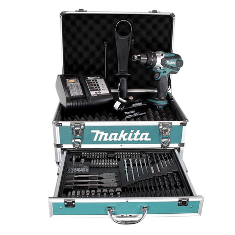 Perceuse à percussion sans fil Makita DHP 458 STX4 18 V 91 Nm + 1x batterie 5,0 Ah + chargeur + 70 pièces. Coffret forets + coffret