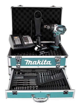 Makita DHP 458 SGX4 Akku Schlagbohrschrauber 18V 91Nm + 1x Akku 6,0Ah + Ladegerät + 70tlg. Bit Bohrer Set + Koffer