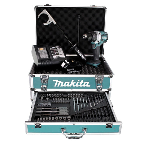 Taladro percutor inalámbrico Makita DHP 481 SFX4 18 V 115Nm + 1x batería 3,0Ah + cargador + 70 piezas. Juego de brocas + estuche