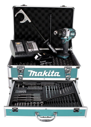 Perceuse à percussion sans fil Makita DHP 481 STX4 18 V 115 Nm + 1x batterie 5,0 Ah + chargeur + 70 pièces. Coffret forets + coffret