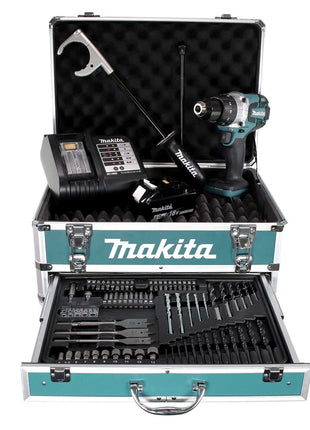 Perceuse à percussion sans fil Makita DHP 481 SGX4 18 V 115 Nm + 1x batterie 6,0 Ah + chargeur + 70 pièces. Coffret forets + coffret