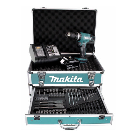 Perceuse à percussion sans fil Makita DHP 453 STX4 18 V 42 Nm + 1x batterie 5,0 Ah + chargeur + 70 pièces. Coffret forets + coffret