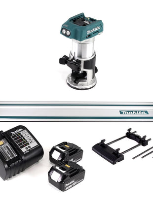 Makita DRT 50 SF Akku Multifunktionsfräse 18V Brushless + 2x Akku 3,0Ah + Ladegerät + Führungsschienen Adapter + Führungsschiene 1000mm